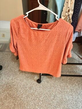 Eyelet Short-Sleeve Blouse in Rust